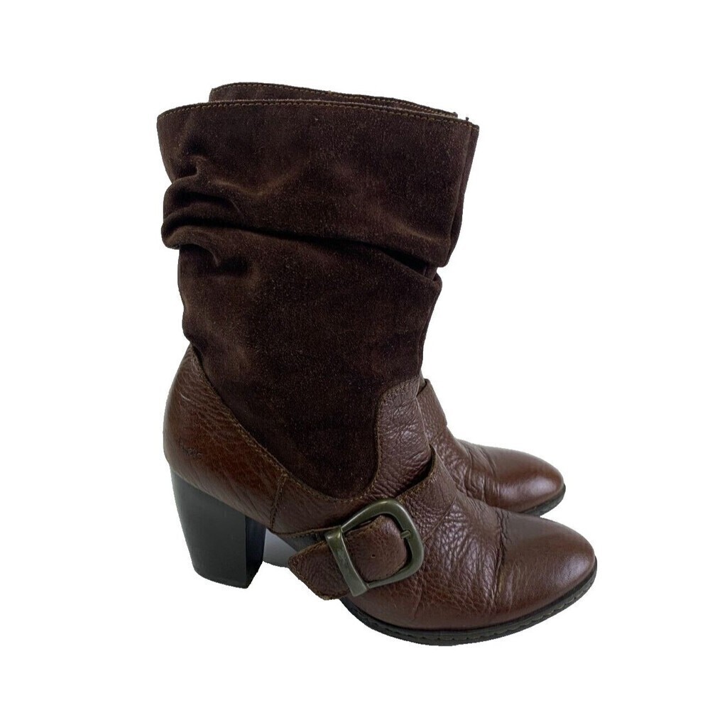 BOC Born Mid Slouchy Harness Heel Boot Pull On Brown Leather Suede Womens Size 9
